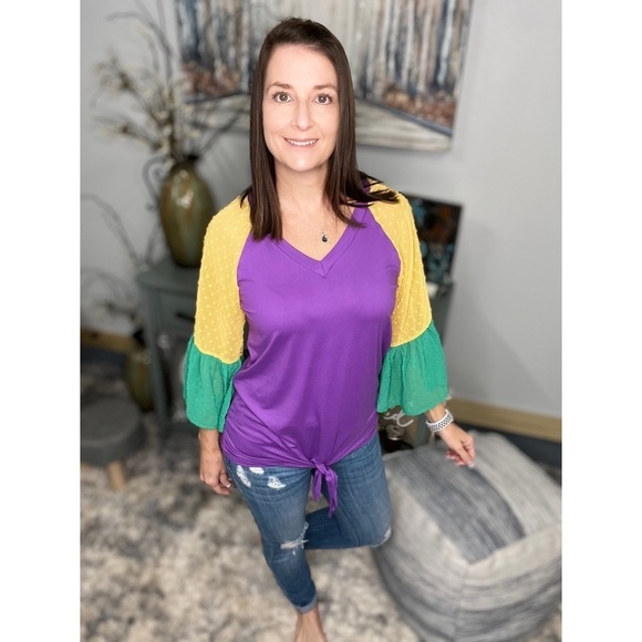 Mardi Gras Color Block Swiss Dot Flutter Bell Sleeves V Neck Tie Bottom 0724 - Picture 13 of 17